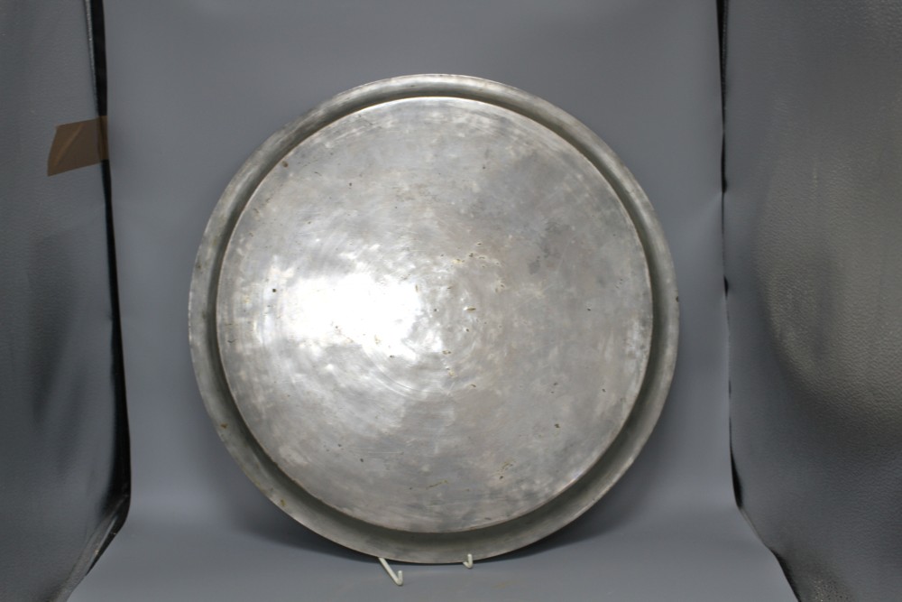 A Cairoware brass inset pewter tray, diameter 54cm